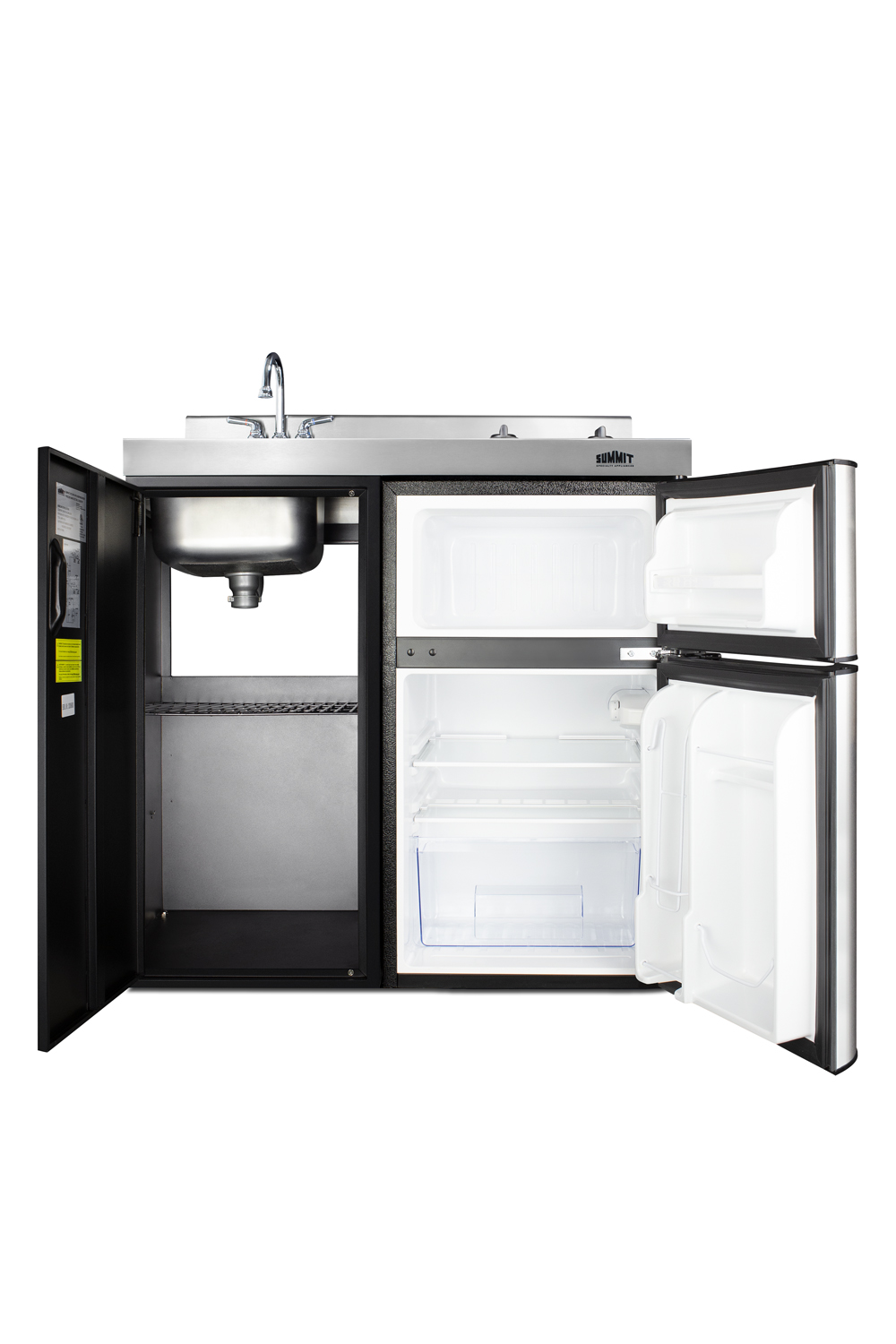 36 inch wide all-in-one kitchenette in black with a 2-burner 115V smooth-top cooktop, 2-door refrigerator-freezer, sink, and storage cabinet